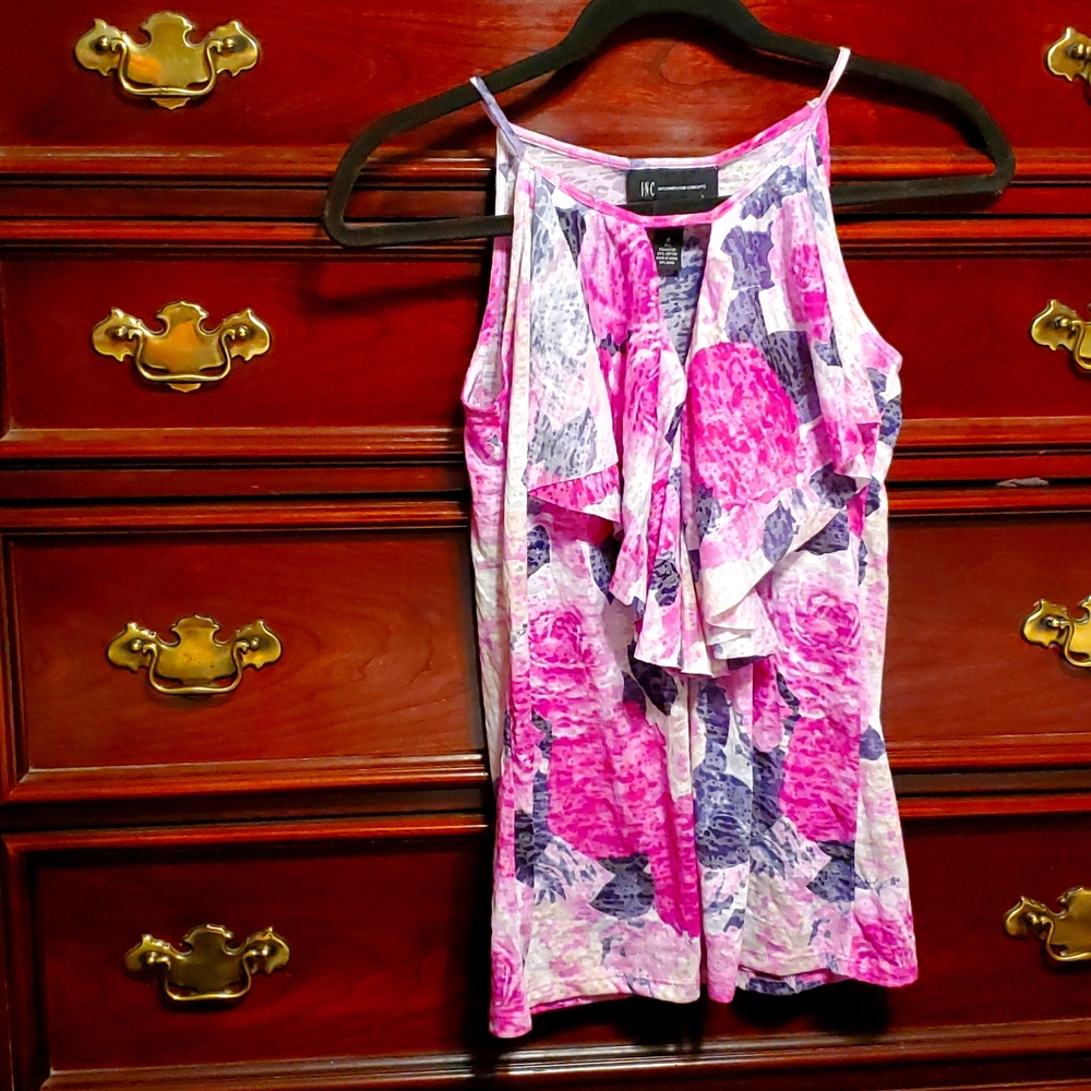 INC Tank Top Pink Floral Size M Medium  Ruffle Peekaboo Shirt